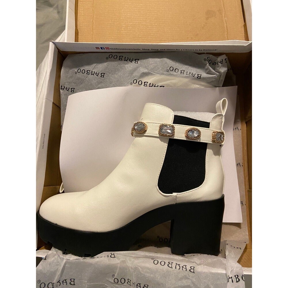 BAMBOO boots platform stacked heel bamboo white boots removable Velcro jewel 8.5 - Picture 6 of 10
